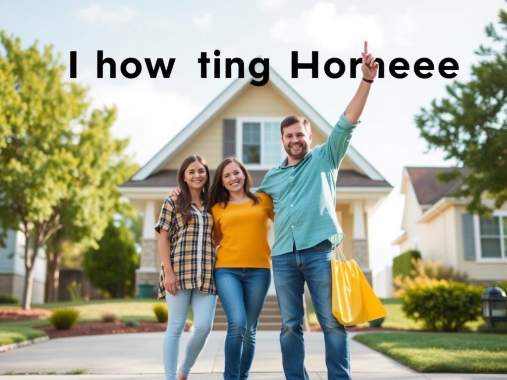 Трое улыбающихся людей на фоне дома, один из них поднимает руку. Лето, солнечный день.