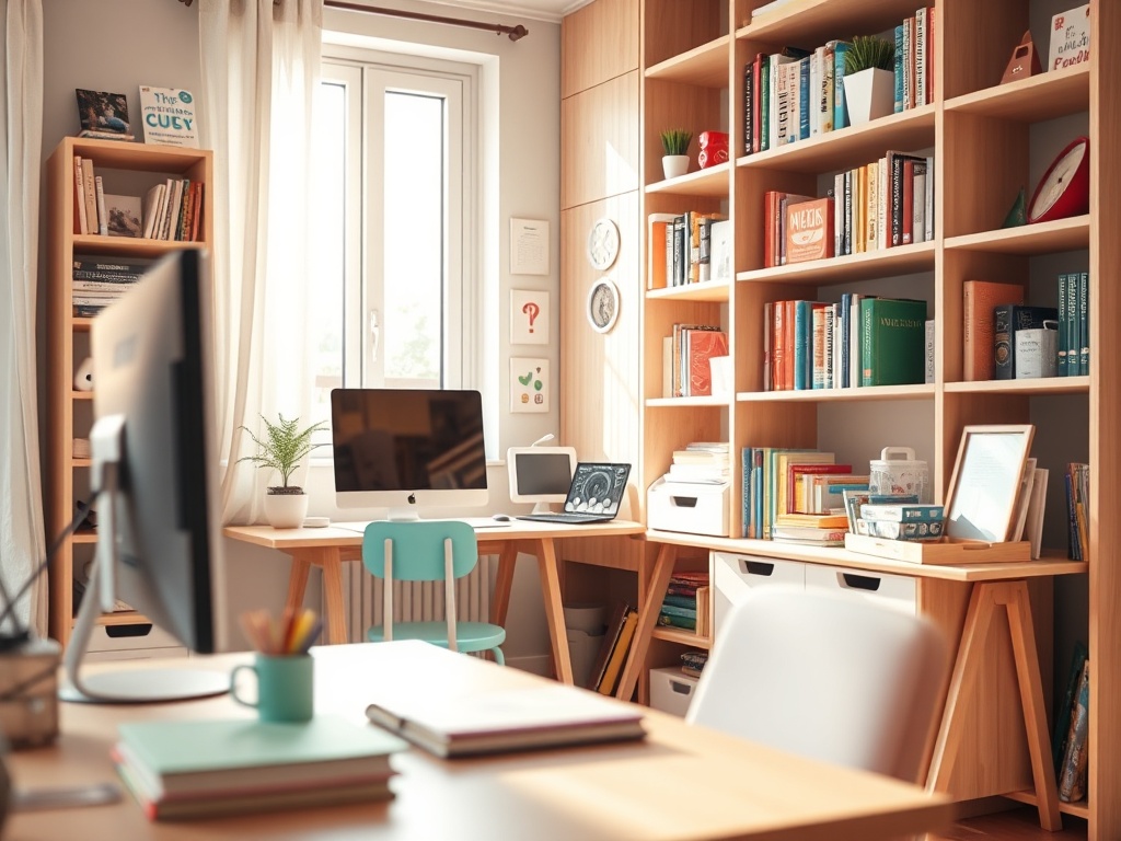 Светлый офис с деревянными полками, компьютером, книгами и зелёным растением у окна. Комфортная атмосфера для работы.