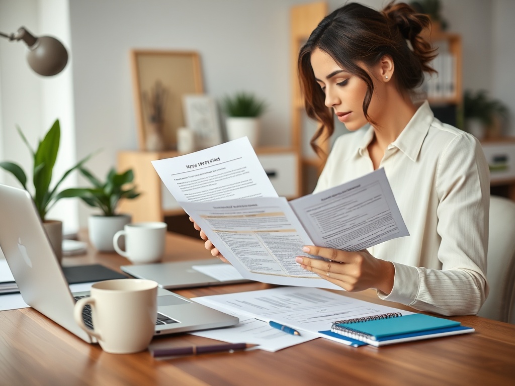 Женщина читает документы за рабочим столом, окружённая растениями и техникой. На столе ноутбук и кружка.