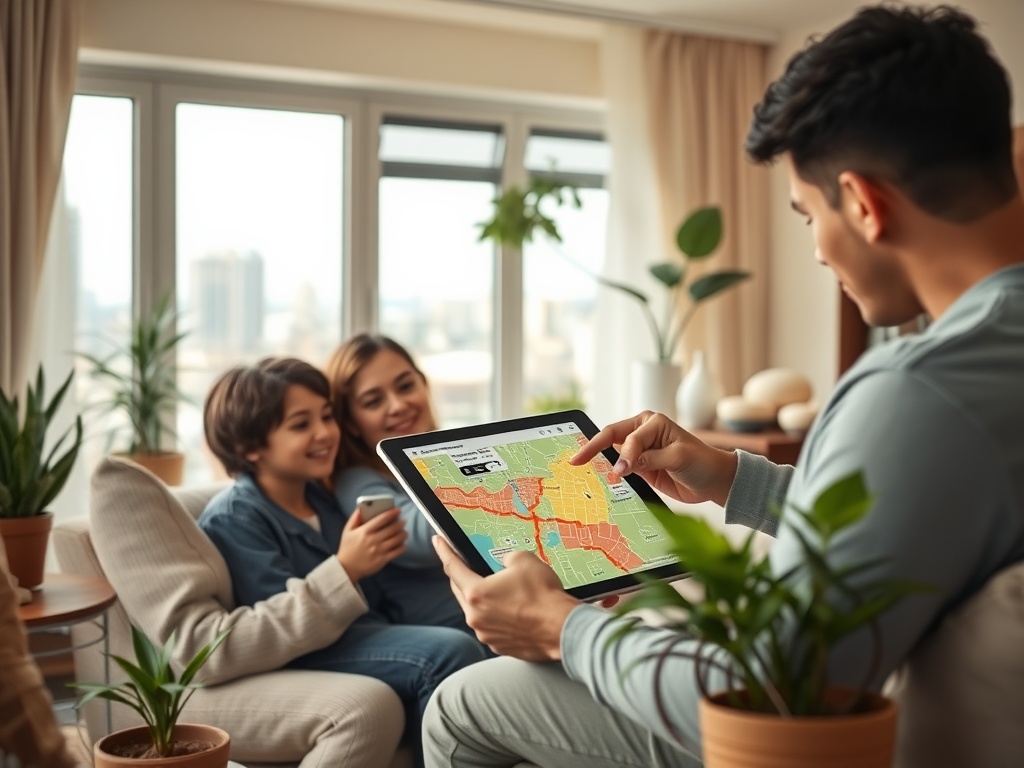 На изображении семья смотрит на планшет с картой, обсуждая что-то увлекательное. Вокруг много зелени.