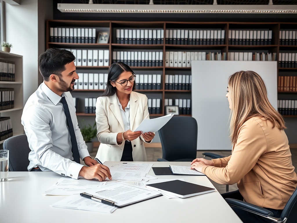 Трое людей в офисе обсуждают документы во время деловой встречи за столом. На заднем фоне полки с папками.