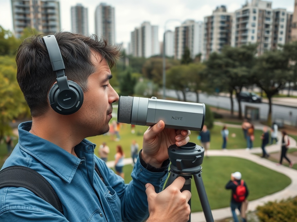 Мужчина с наушниками снимает звук на микрофон, на фоне люди и высотные здания.