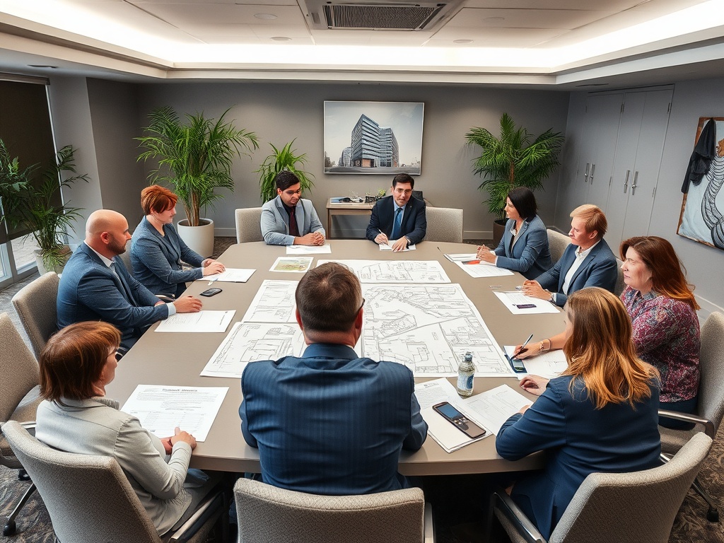 Люди обсуждают проект на деловой встрече в современном офисе, окруженные зелеными растениями.