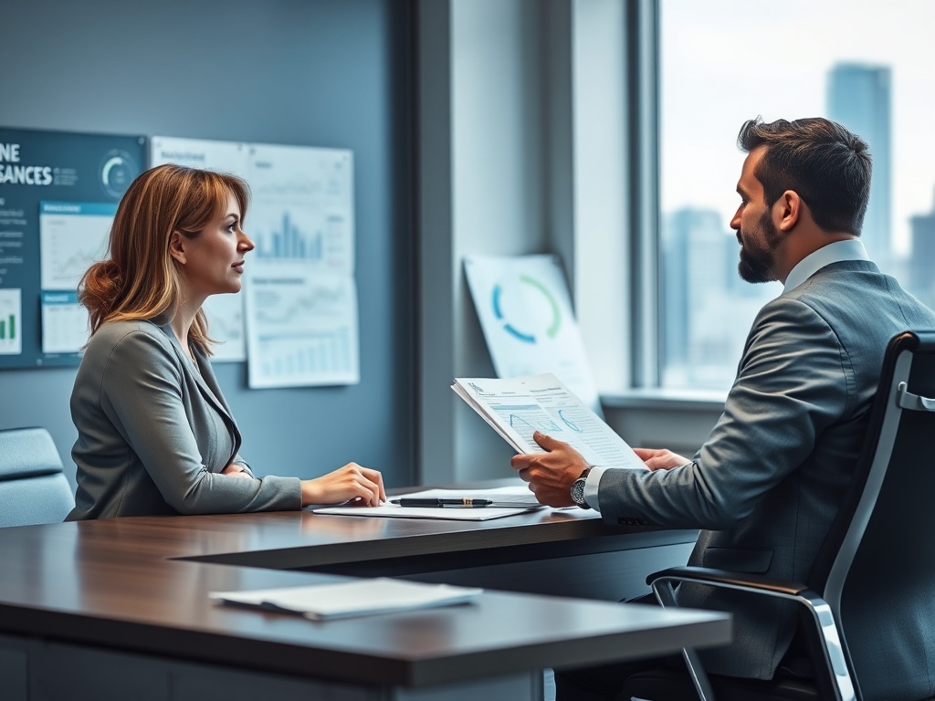 На встрече мужчины и женщины в офисе, обсуждают графики и финансовые отчеты. На столе заметны документы.
