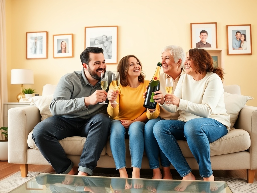 Четыре человека на диване поднимают бокалы с шампанским и улыбаются, отмечая особый момент вместе.