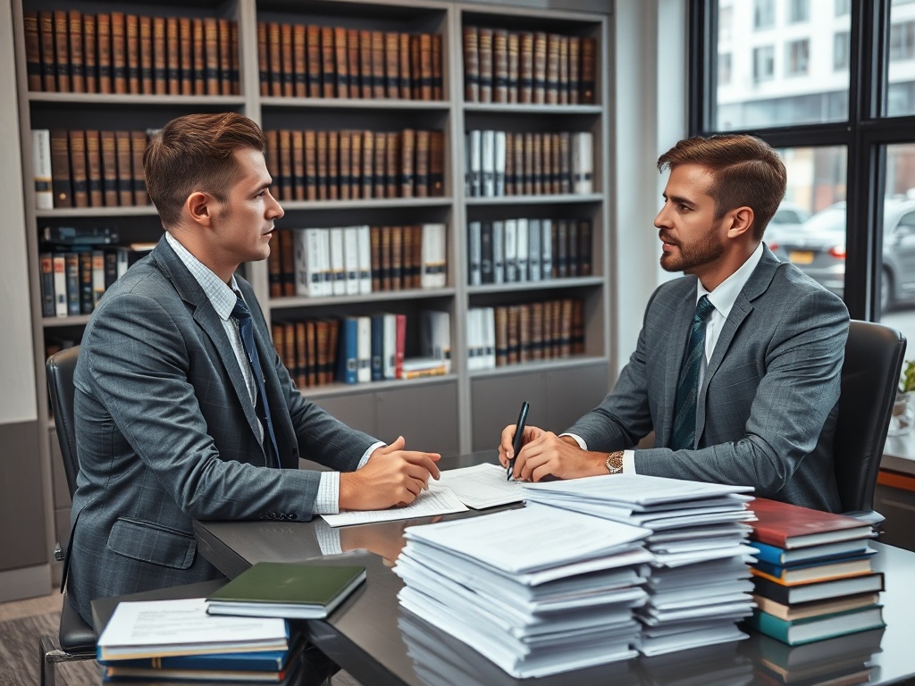 Два человека в костюмах обсуждают документы в офисе с книжными полками на заднем плане.