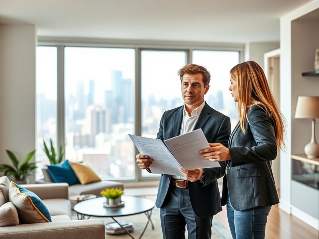 Два человека в офисе обсуждают документы на фоне города через окно. Современный интерьер и яркий свет.