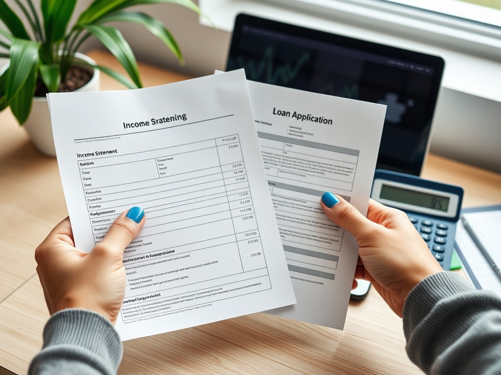Два документа: справка о доходах и заявка на кредит. На столе калькулятор и ноутбук.